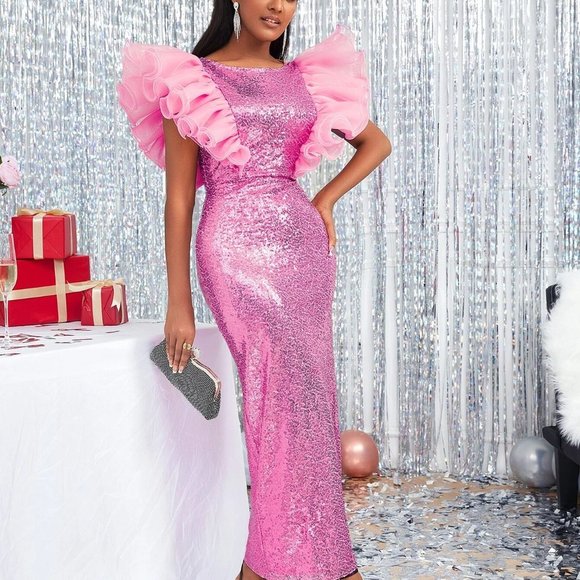 Pink Boho Womens Ruffle Trim Contrast Mesh Sequins Dress - Picture 4 of 5